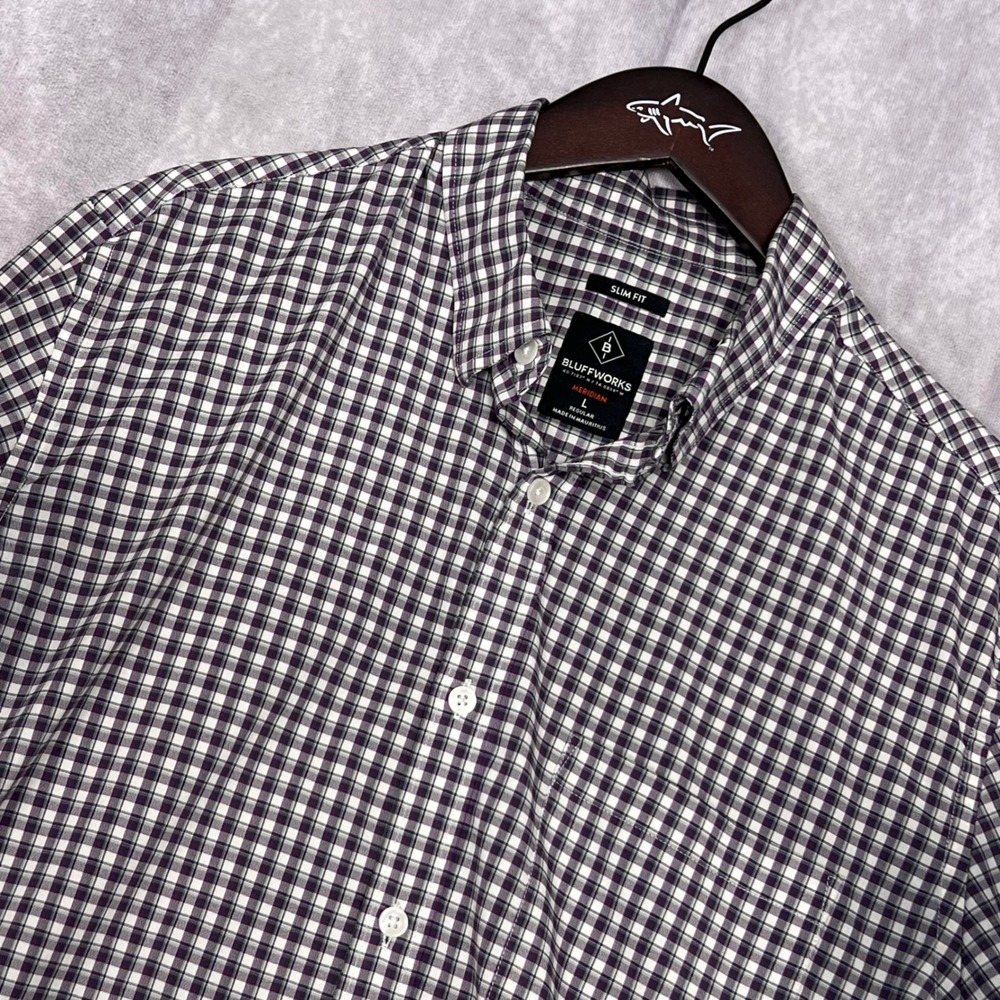 Bluffworks Meridian Shirt Mens L Purple White Slim Fit Gingham Check Travel Tech